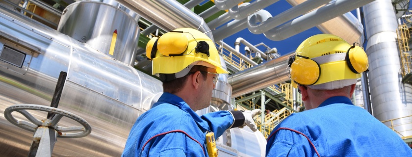 Two people in blue uniforms and yellow hard hats pointing at an industrial structure, made up of an intricate collection of aluminium pipes