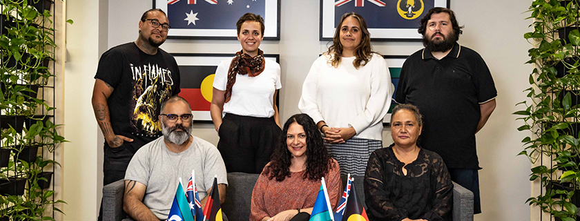 Back row (left to right): Thomas Readett, Celia Coulthard, Kiah Buckskin-James, Dominic Guerrera. Front row (left to right): Jermaine Hampton, Deborah Edwards, Lee-Ann Tjunypa Buckskin (Industry Mentor). Not pictured: Dre Ngatokorua. Back row (left to right): Thomas Readett, Celia Coulthard, Kiah Buckskin-James, Dominic Guerrera. Front row (left to right): Jermaine Hampton, Deborah Edwards, Lee-Ann Tjunypa Buckskin (Industry Mentor). Not pictured: Dre Ngatokorua.