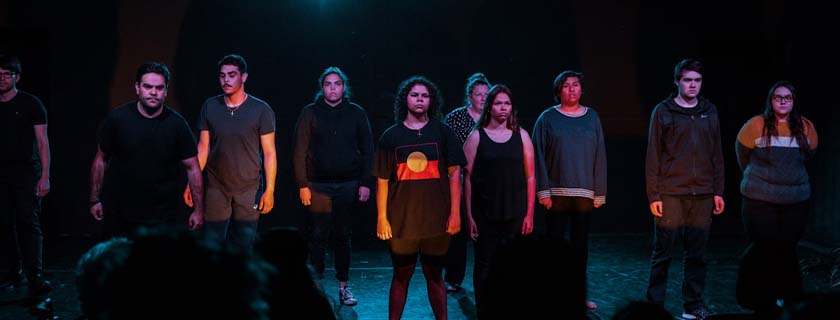 A group of First Nations people who are participants of ActNow Theatre’s First Nations Arts Pathway Program, 