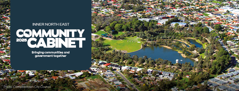Aerial image of Campbelltown and Inner North East Community Cabinet 2025 logo