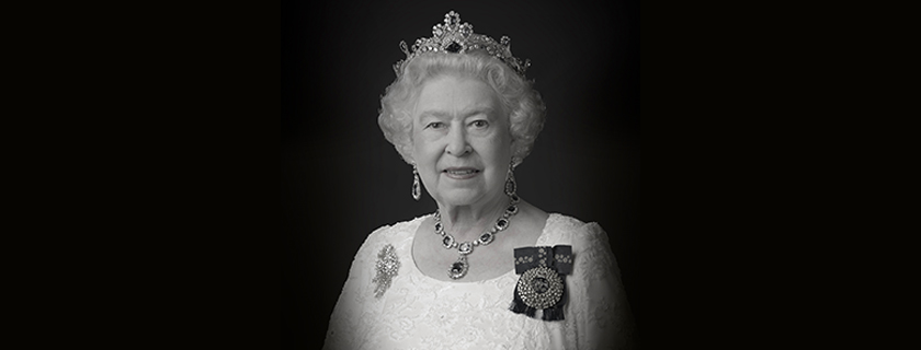 Black and white portrait photo of Her Majesty The Queen
